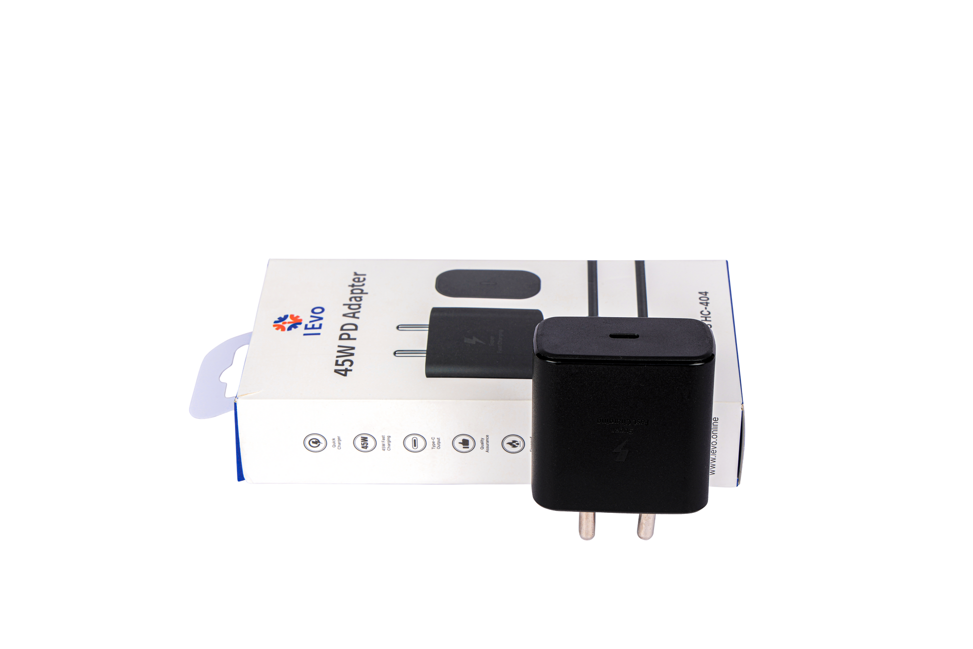 IEVO dual USB-C fast charger in black with 45W power capacity and compact design