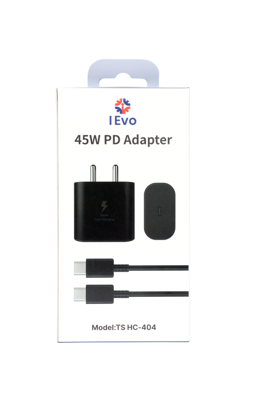 IEVO 45W PD Adapter black dual USB-C fast charger with two USB-C cables and compact design