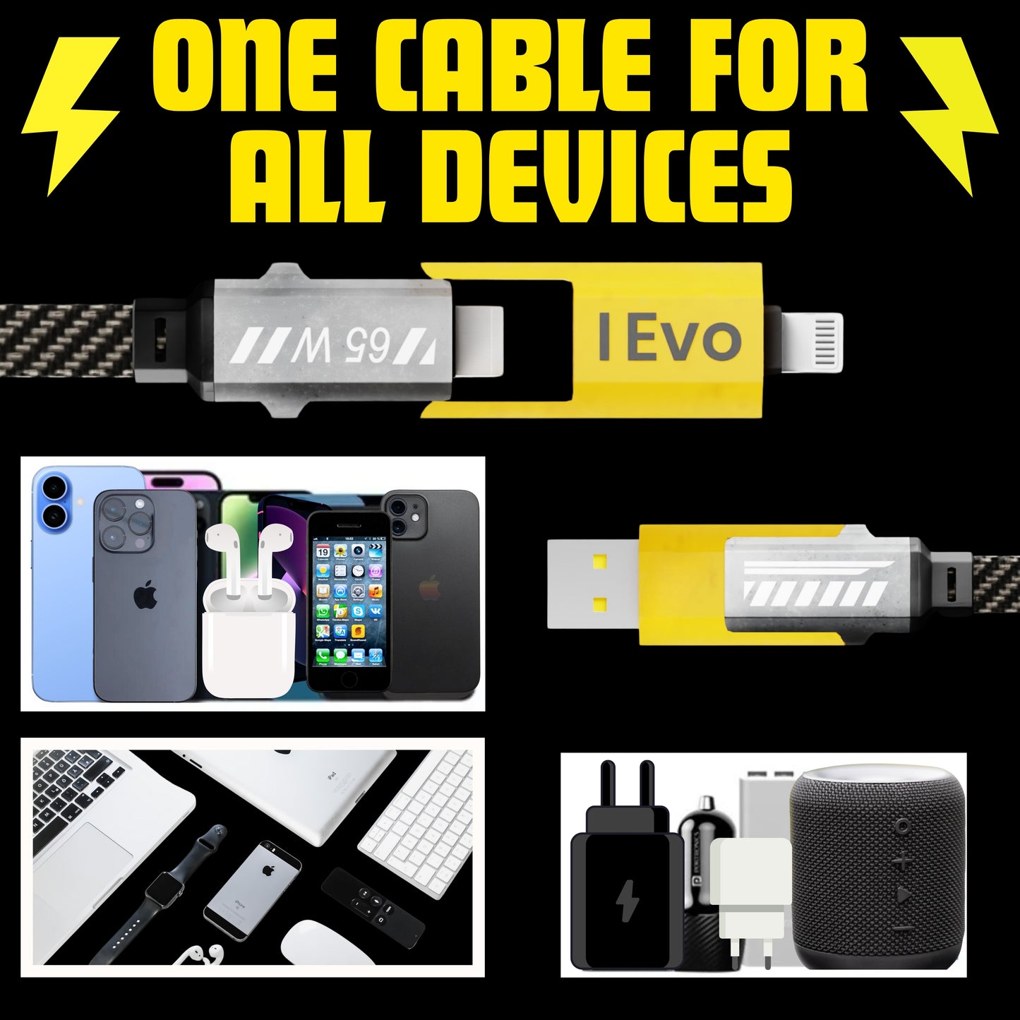 IEVO fast charging cable 4 in 1 with multiple connectors compatible with smartphones, earbuds, and various devices