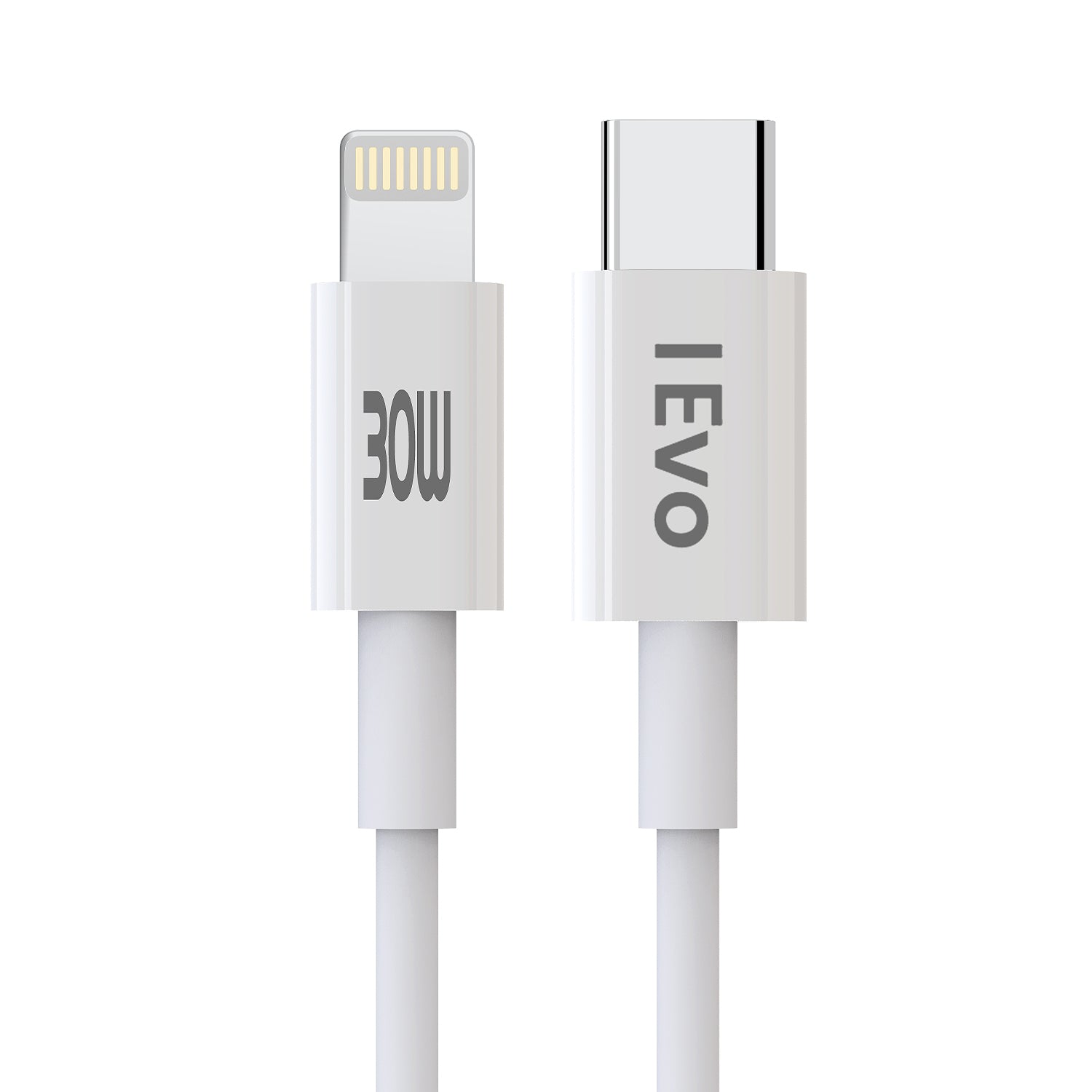 IEVO high power C-L charge cable with USB-C to Lightning connectors in white