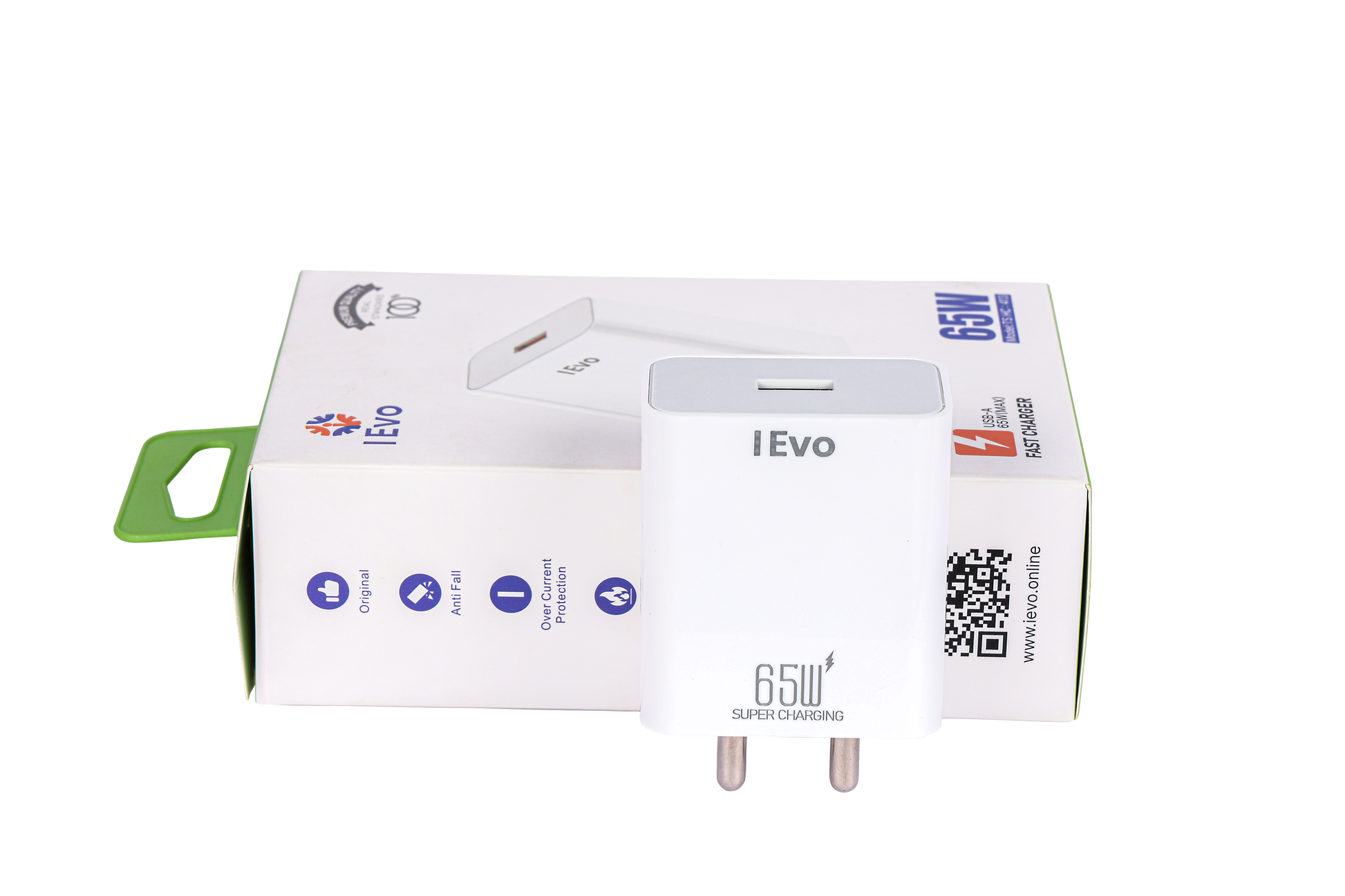 IEVO high speed 65W USB charger in white with compact design and packaging box on black background