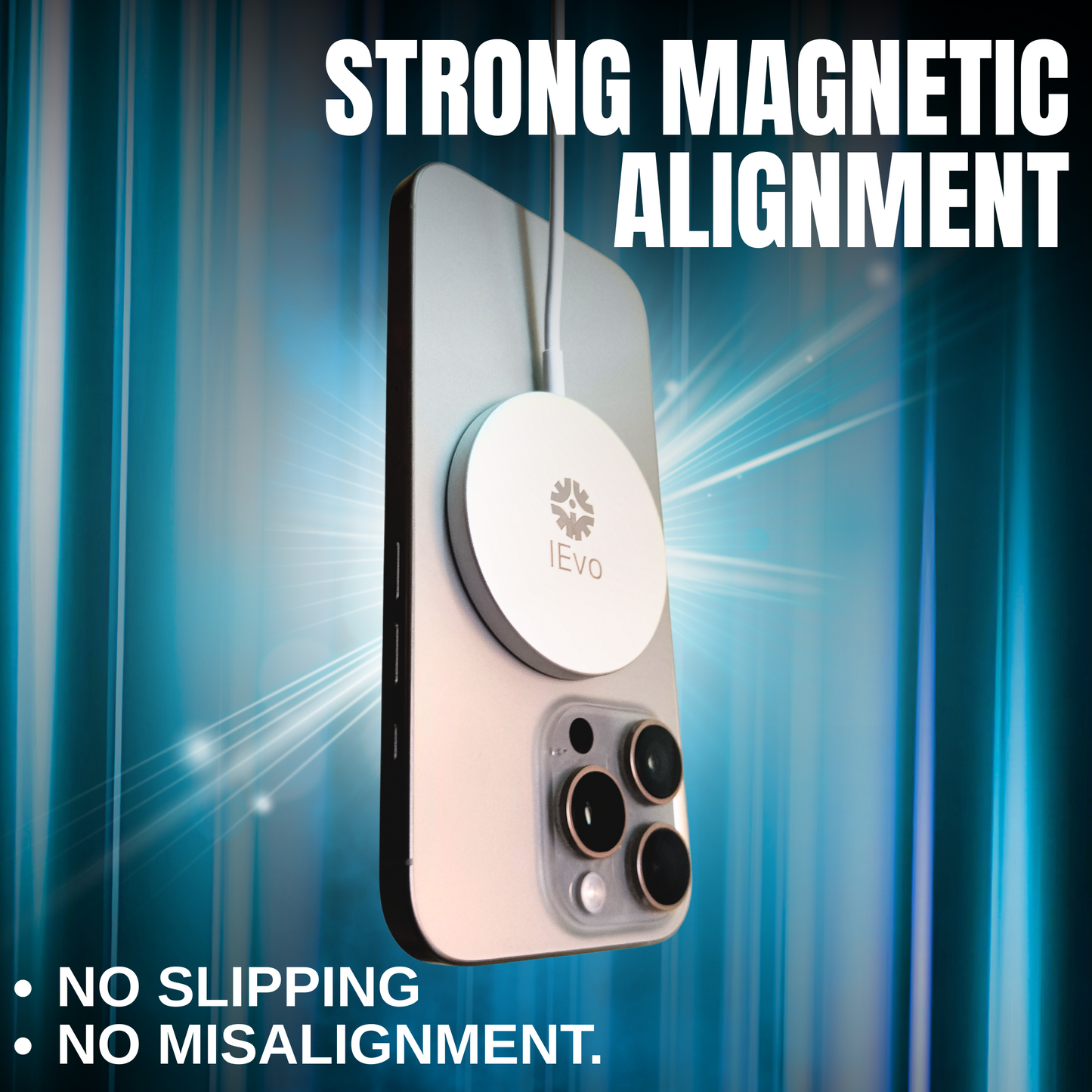 Strong magnetic phone charger securely attached to the back of a smartphone with no slipping or misalignment